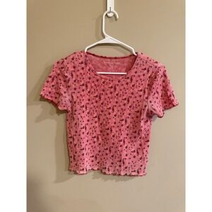 American Eagle Pink Floral Lettuce Hem Cropped Thermal Top Size M